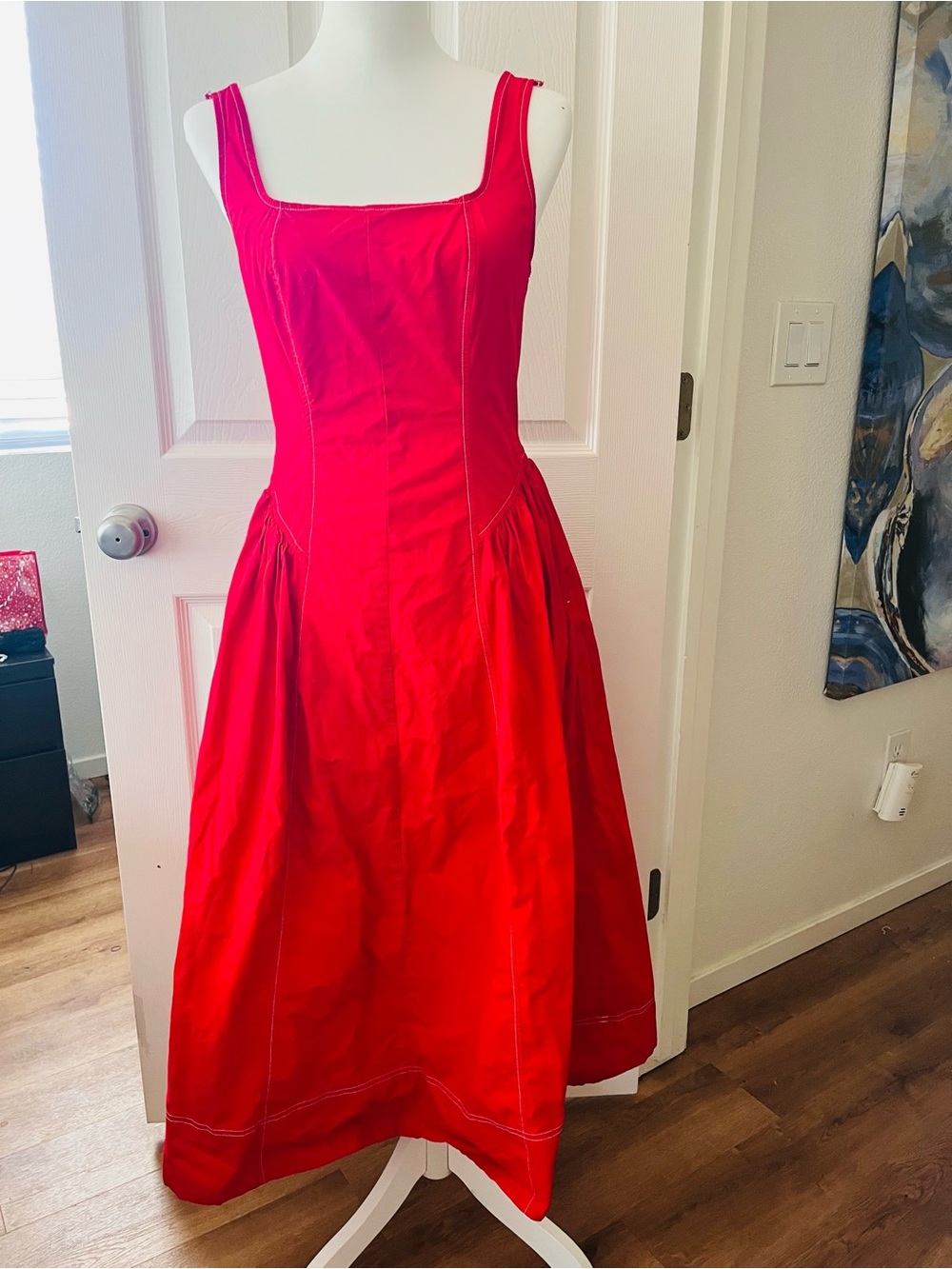 Elegant Square-Neck Sleeveless Red Midi Dress